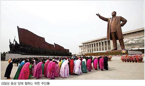 김일성 동상 앞에서 절하는 북한 주민들.