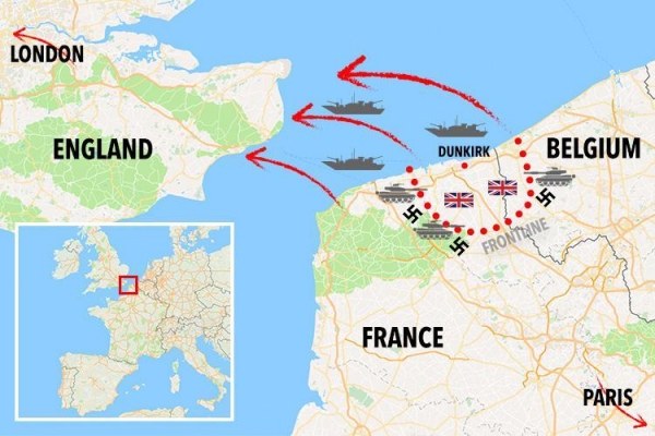 독일군 기갑부대 및 보병부대에 포위되어 프랑스 북부 덩케르크 항에 갇힌 영국-프랑스 연합군. 영국으로의 탈출만이 유일한 살 길이었다.