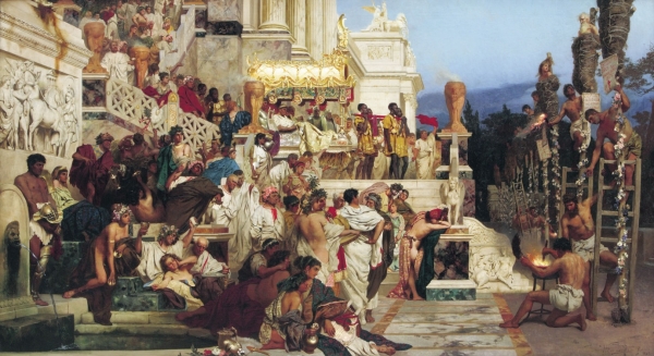 ▲기독교인들의 화형 장면을 즐기는 네로 황제와 로마 귀족들의 모습. 고대 로마 제국에서 기독교는 오랜 기간 동안 로마의 