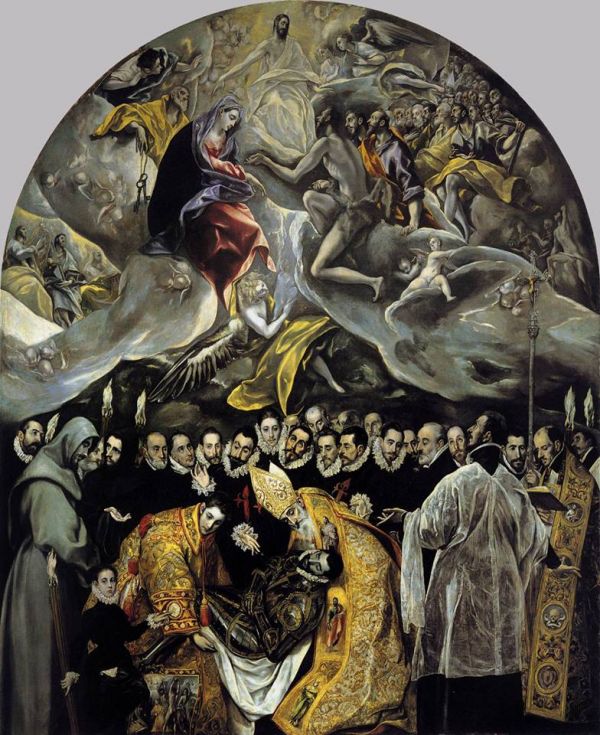 오르가즈 백작의 매장(El entierro del Conde de Orgaz, 1586-1588)>. 스페인 르네상스 시대 그리스인 화가 엘 그레코의 작품으로, 톨레도 산토 토메 교회에서 소장하고 있으며, 천계와 현세가 명확하게 상하 분할돼 있다.