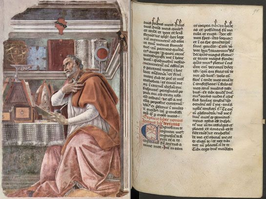 아우구스티누스의 초상화와 <고백록>의 중세 필사본.