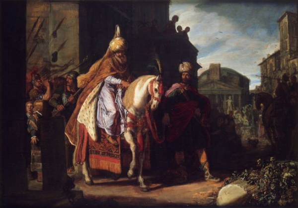 ▲하만이 모르드개가 말을 타고 있는 모습을 부럽고 두려운 모습으로 바라보고 있다. 17세기 네덜란드 화가 피터르 라스트만(Pieter Lastman, 1583-1633)의 그림.