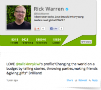 기독교인들이 가장 많이 팔로윙하는 인물 중 한 명인 릭 워렌 목사의 트위터.
