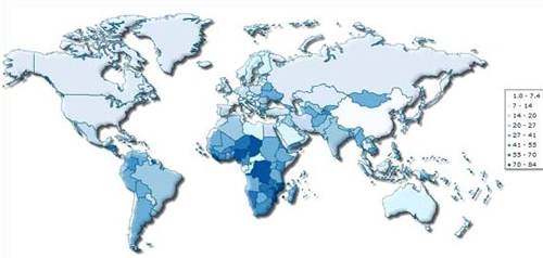 빈곤층 비율 지도. 색이 짙을수록 빈곤층의 비율이 높다(2012년 자료). ⓒ파발마