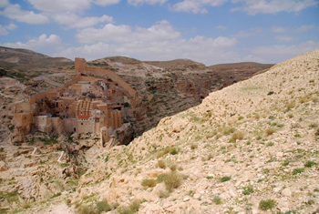 앞서 소금 나물을 찍었던 광야와 마르 사바 수도원의 전경