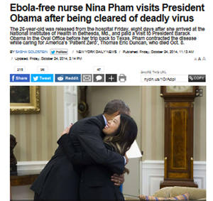 에볼라 완치 판정을 받은 니나 팜 변호사가 백악관에서 오바마 대통령과 만났다. ⓒ데일리 뉴스 보도화면 캡쳐