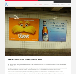 뉴욕한인봉사회 공공보건부가 뉴욕시 관계기관들과 함께 대중교통 술광고 금지 서명운동을 온라인상에서 시작했다. 사진은 온라인 서명운동 홈페이지 캡춰.