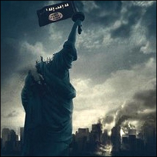 트위터상에 돌고 있는 목이 잘린 자유의 여신상 이미지. 자유를 상징하는 횃불 대신 IS의 검은 깃발이 손에 들려 있다.