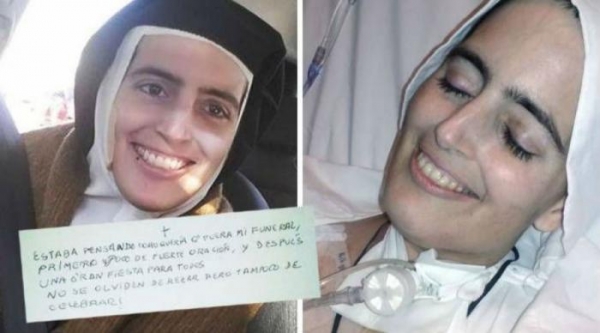 마리아 세실리아 수녀가 남긴 글(왼쪽)과, 죽기 몇 시간 전 그녀의 모습(오른쪽). ⓒ페이스북