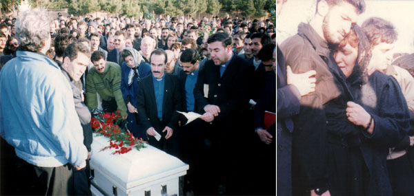 1994년 순교자 하이크 호세피안 목사의 장례식에 모인 이란 교회 지도자들과 성도들(좌). 아버지와 남편을 잃은 후 슬퍼하는 조셉 선교사와 어머니(우). ⓒ조셉 호세피안 선교사