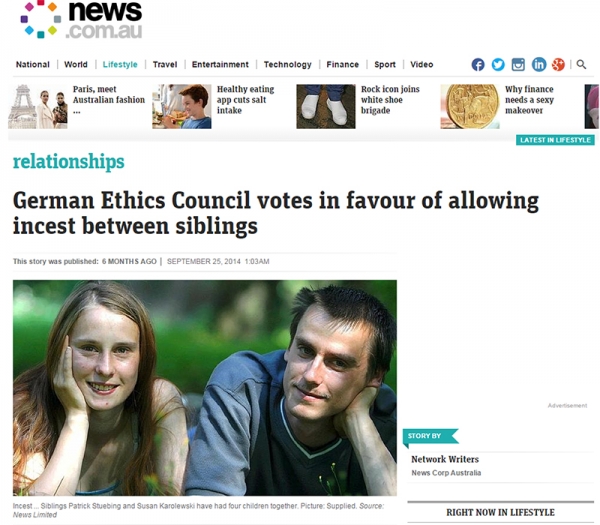 독일윤리위원회가 형제·자매 간 근친상간 허용에 찬성 표를 던졌다는 제목의 외신 보도. 파트리크 슈튀빙(사진 오른쪽)은 여동생인 주잔 카롤레프스키(사진 왼쪽)와 결혼해 네 자녀를 두었다. ©news.com.au